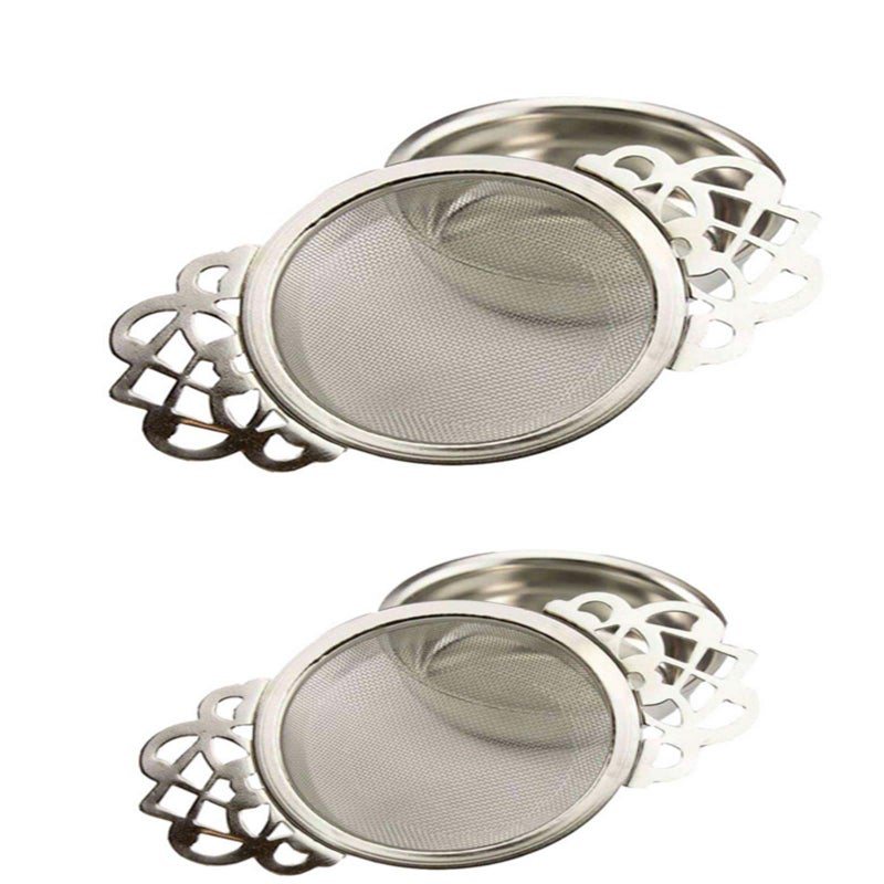 YUDONG 2 Pack Tea Strainers with Drip Bowls,Stainless Steel Loose Leaf Tea Strainers-The Empress Tea Strainer Mesh Tea Infuse with Double Winged Handles-Silver2 - Image 1